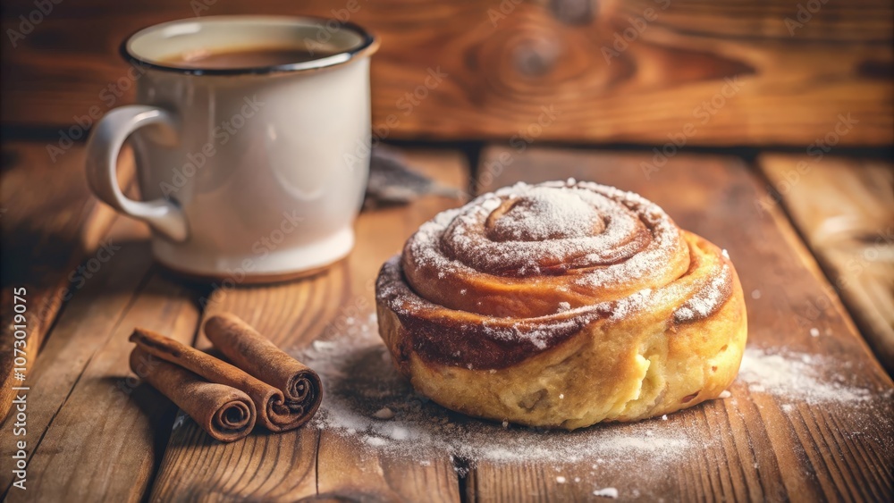 A sugary cinnamon roll with a cup of coffee and cinnamon sticks on a rustic wooden table A sugary cinnamon roll with a cup of coffee and cinnamon sticks on a rustic wooden table