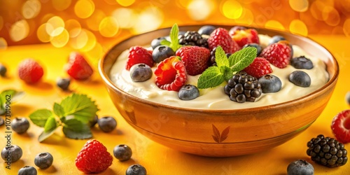 A Close-Up View of a Bowl of Creamy Yogurt Topped with Fresh Berries and Mint Leaves, Set Against a Vibrant Yellow Background