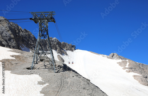 cable car pylon to reach the top of the mountain that passes over the glacier with the perennial snow photo