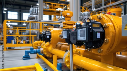 Modern Industrial Pipeline System with Yellow Piping and Measurement Devices in a High-Tech Facility Setting for Energy and Manufacturing Applications