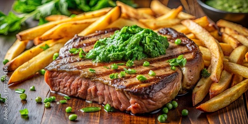 Wallpaper Mural A perfectly grilled steak with crispy potato wedges and a vibrant green sauce, ready to tantalize taste buds Torontodigital.ca