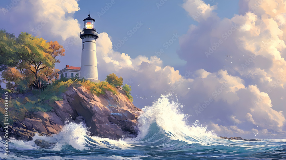 A white lighthouse stands tall on a rocky cliff, with crashing waves in the foreground and a clear blue sky with fluffy clouds above. A white lighthouse stands tall on a rocky cliff, with crashing waves in the foreground and a clear blue sky with fluffy clouds above.