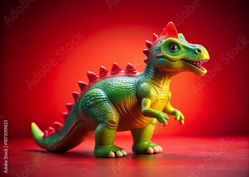 Vibrant Plastic Dinosaur Toy Displayed Against a Bold Red Background for Engaging and Playful Studio Portrait Photography