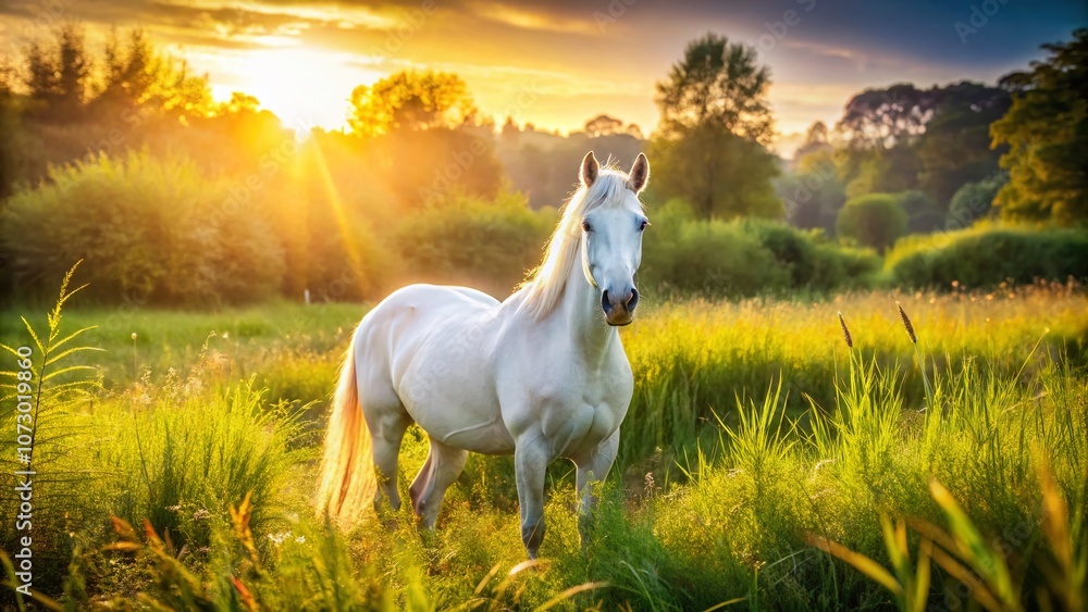 A Majestic White Horse Gazes Intently at the Camera Amidst Lush Tall Grass in a Serene Field Captured by Drone Photography for Nature Lovers A Majestic White Horse Gazes Intently at the Camera Amidst Lush Tall Grass in a Serene Field Captured by Drone Photography for Nature Lovers