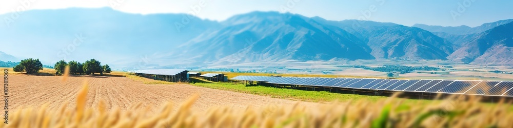 Fototapeta premium Solar panels in field with mountains, blue sky.