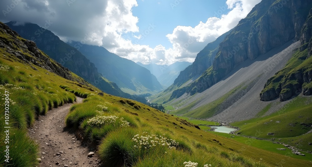 Fototapeta premium Towering peaks, verdant valleys, and dramatic skies in Picos de Europa National Park, Spain, captured in natural light, highlighting the beauty of the Spanish mountains.
