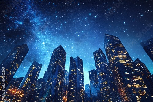 Starry night sky above illuminated skyscrapers.