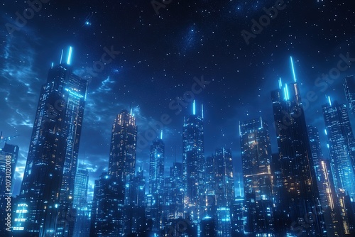 Futuristic cityscape with neon lights under starry sky