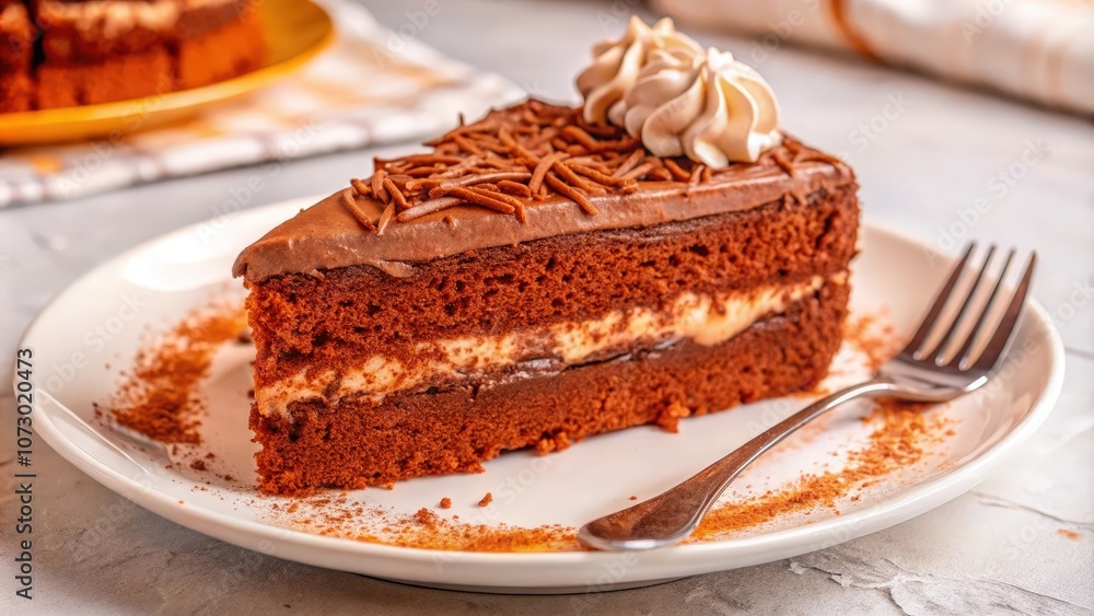 A decadent slice of chocolate cake with whipped cream and chocolate shavings on a white plate, ready to be enjoyed with a silver fork. A decadent slice of chocolate cake with whipped cream and chocolate shavings on a white plate, ready to be enjoyed with a silver fork.