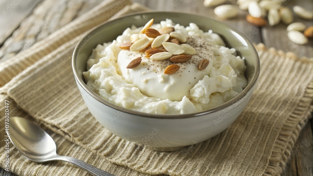 Creamy rice pudding topped with sliced almonds and a sprinkle of cinnamon in a white bowl on a rustic linen napkin Creamy rice pudding topped with sliced almonds and a sprinkle of cinnamon in a white bowl on a rustic linen napkin
