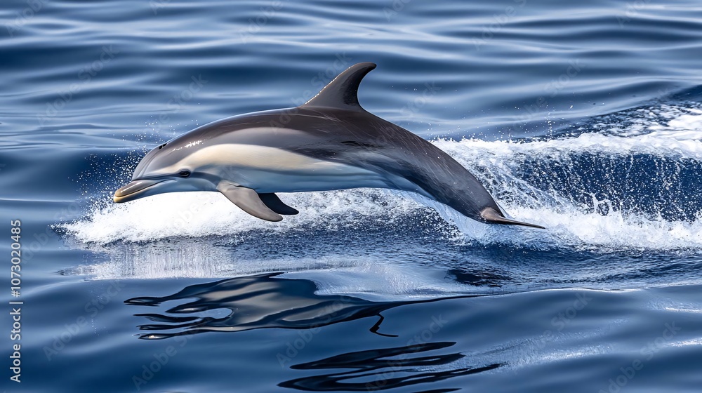 Fototapeta premium A dolphin gracefully leaps above the ocean surface, creating splashes in the water.
