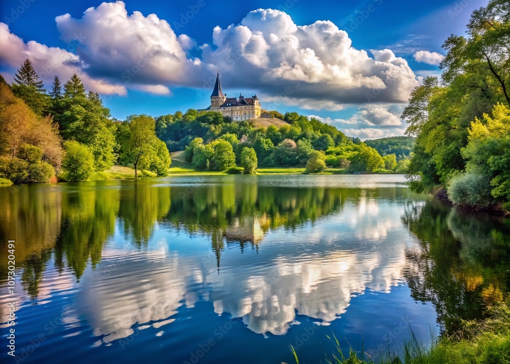 Obraz premium A Panoramic View of a Serene Lake Surrounded by Lush Green Trees with a Majestic Castle in the Distance Under a Clear Blue Sky and a Single Fluffy White Cloud