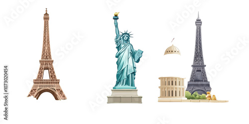 Eiffel Tower  Statue of Liberty  and Colosseum Landmark Illustration  on transparent background