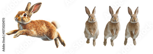 Cute Bunny Rabbits Jumping and Standing Isolated on White Background  on transparent background