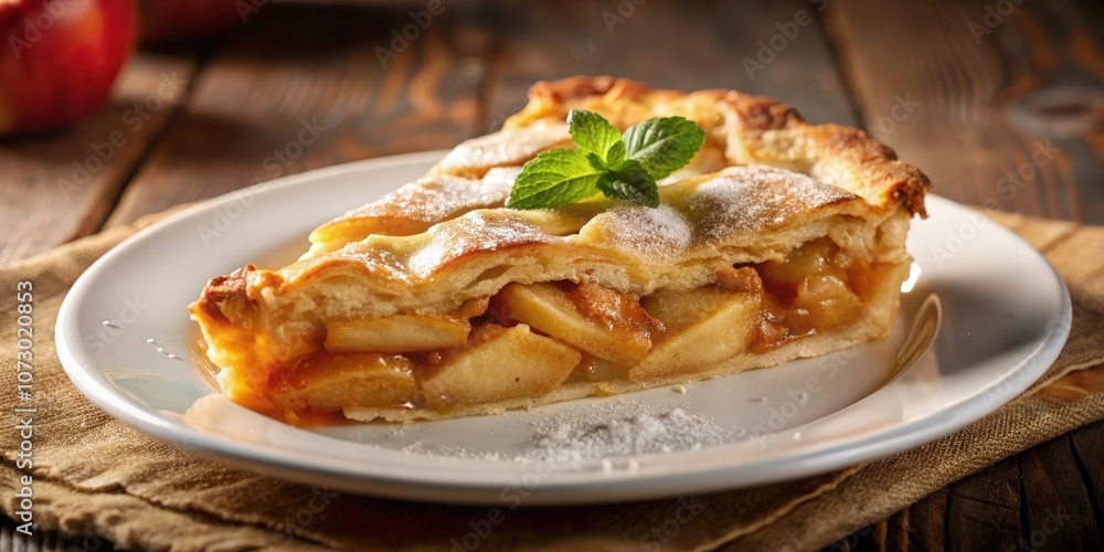 A freshly baked apple pie slice, dusted with powdered sugar, and garnished with a sprig of mint, sits on a white plate, ready to be enjoyed. A freshly baked apple pie slice, dusted with powdered sugar, and garnished with a sprig of mint, sits on a white plate, ready to be enjoyed.
