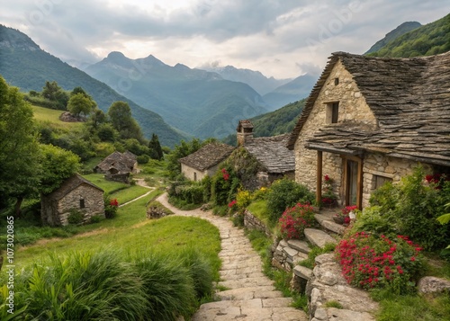 Architectural Photography of a Hidden Village: Captivating Structures Surrounded by Nature's Splendor, Evoking an Aura of Mystery and Serenity in a Picturesque Landscape