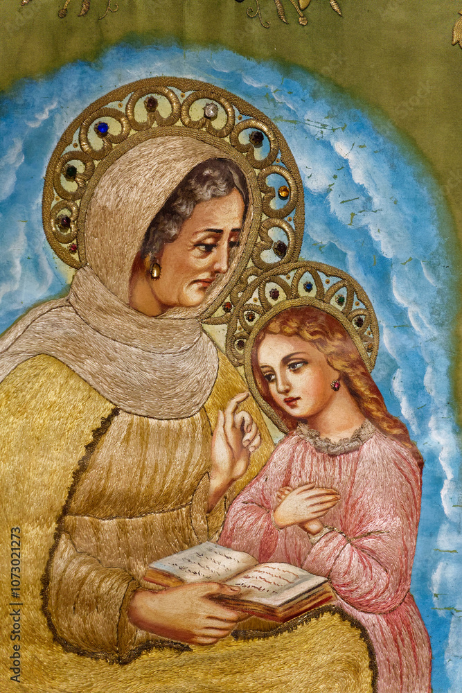 Fototapeta premium Embroidery (19th century) of Virgin Mary with her mother St. Anne. ..