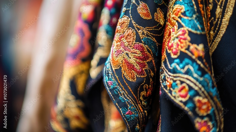 Colorful Embroidered Fabric Close-Up Colorful Embroidered Fabric Close-Up
