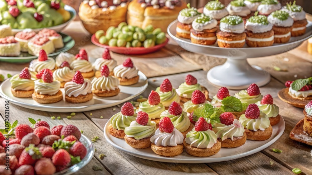 A Rustic Table Displayed with an Assortment of Homemade Desserts Featuring Fresh Strawberries and Meringue Toppings A Rustic Table Displayed with an Assortment of Homemade Desserts Featuring Fresh Strawberries and Meringue Toppings