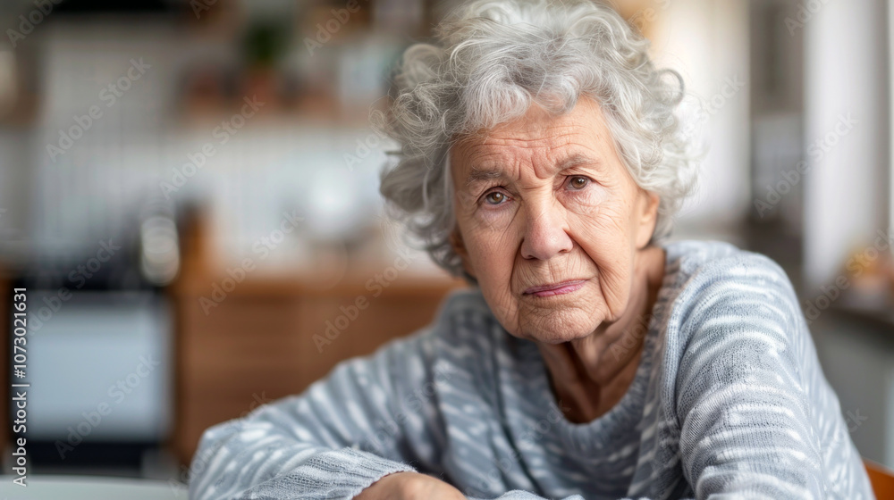 An elderly woman with gray curly hair gazes thoughtfully towards the camera while seated at a table. The warm, inviting kitchen in the background showcases wooden cabinets and soft lighting, An elderly woman with gray curly hair gazes thoughtfully towards the camera while seated at a table. The warm, inviting kitchen in the background showcases wooden cabinets and soft lighting,