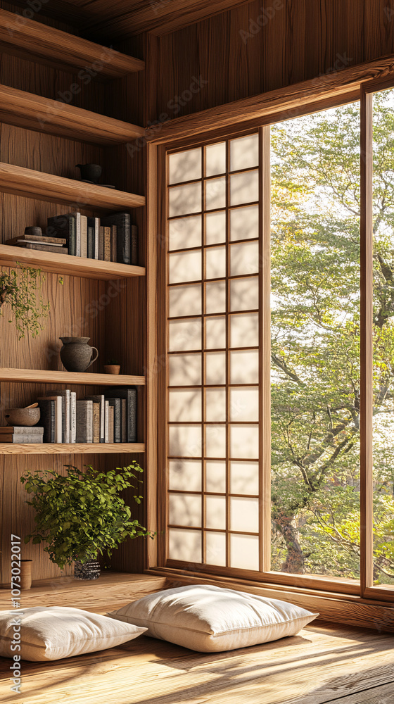 minimalist japanese zen room with wooden bookshelf and view of forest through window minimalist japanese zen room with wooden bookshelf and view of forest through window