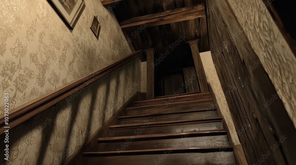A dimly lit, rustic wooden staircase with patterned wallpaper and a dark doorway at the top, creating an eerie atmosphere. A dimly lit, rustic wooden staircase with patterned wallpaper and a dark doorway at the top, creating an eerie atmosphere.