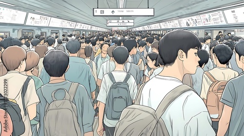 Fototapeta Naklejka Na Ścianę i Meble -  A crowded subway station filled with people, highlighting urban life and public transport.