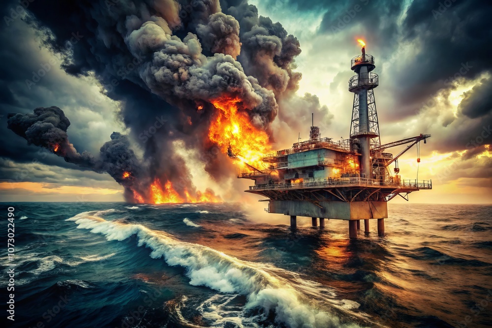 Fototapeta premium Vintage Style Photography of a Dramatic Offshore Platform Fire Drill in the Gulf of Mexico, Showcasing Emergency Response and Safety Measures in Action