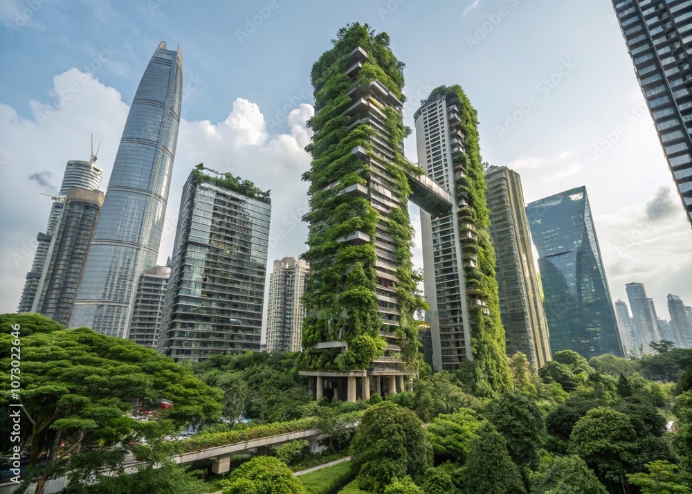 Fototapeta premium A Stunning Vertical Forest in a Futuristic Cityscape with Lush Greenery on Skyscrapers, Symbolizing Urban Sustainability and Harmony with Nature for Modern Living