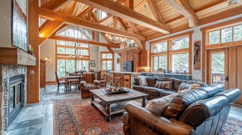 Wallpaper Mural Spacious living room with exposed wood beams, a fireplace, a large sofa and coffee table, and a rug in the center. Torontodigital.ca
