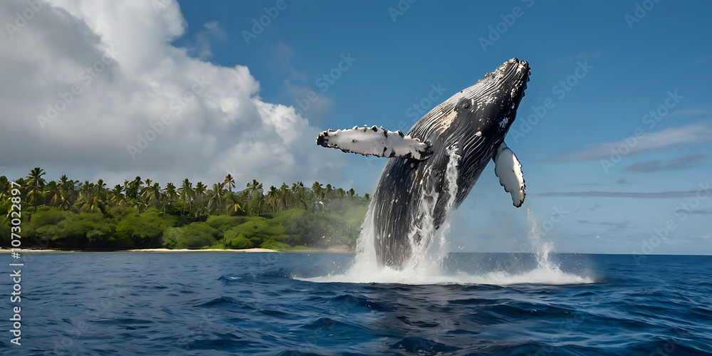 Fototapeta premium whale breach in front of beautiful island with rainbow. created by Generative AI
