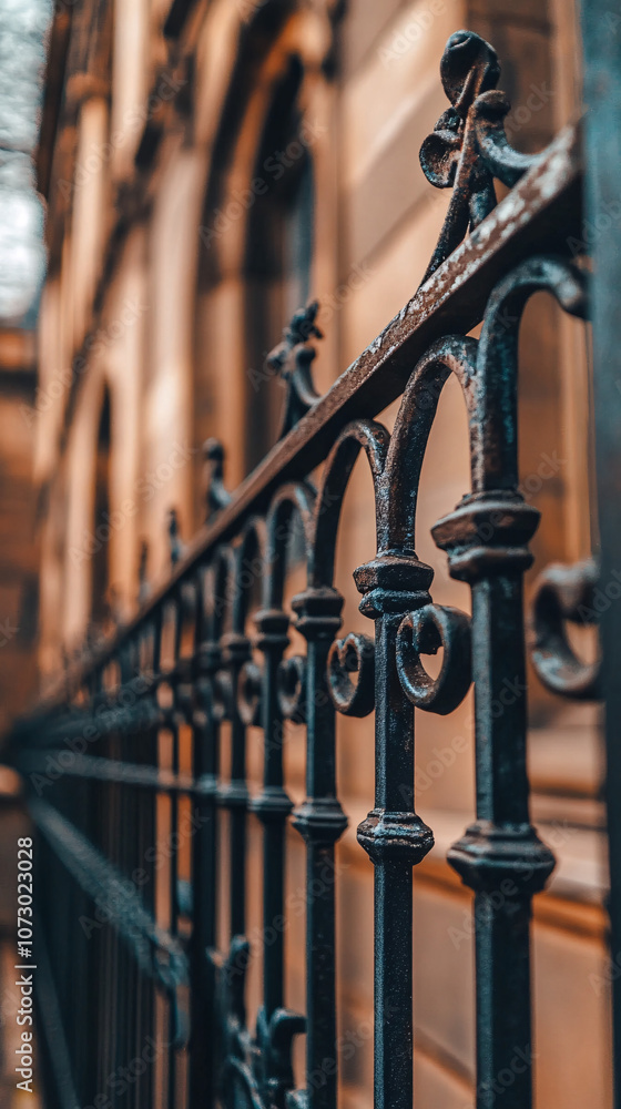 closeup of an ornate black metal gate in front of an old brick building closeup of an ornate black metal gate in front of an old brick building