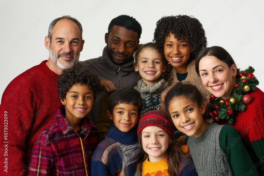 Diverse family group posing happily in cozy winter sweaters on white background Diverse family group posing happily in cozy winter sweaters on white background
