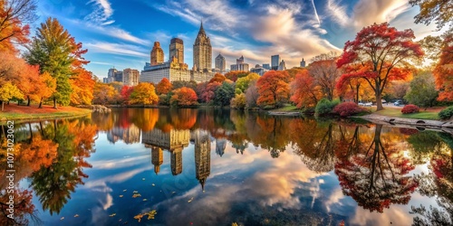 Autumn Panorama in Central Park, NYC: A Wide-Angle View of Vibrant Fall Colors, Iconic Park Scenery, and Reflections on the Water for Captivating Seasonal Landscapes