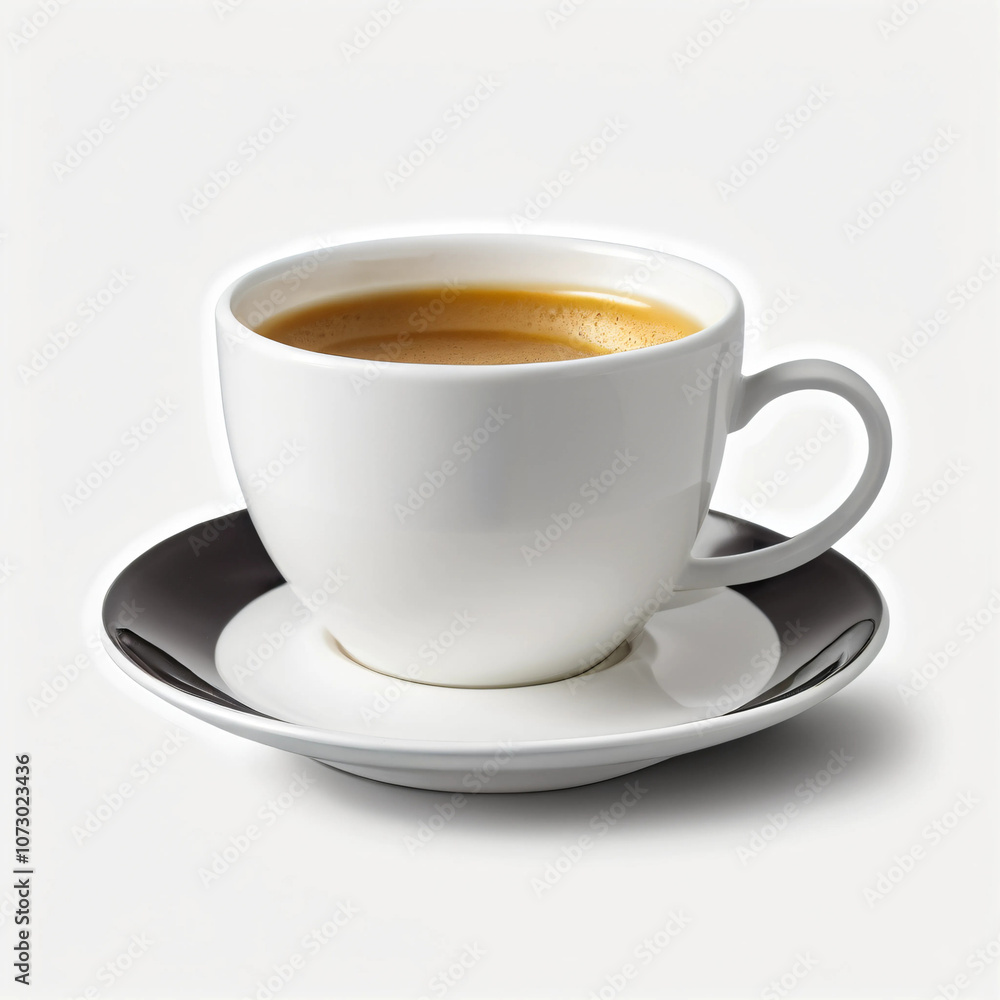 A cup of coffee on a saucer with a black rim, isolated on a white background. Perfect for coffee shop menus, food blogs, and beverage advertising. A cup of coffee on a saucer with a black rim, isolated on a white background. Perfect for coffee shop menus, food blogs, and beverage advertising.