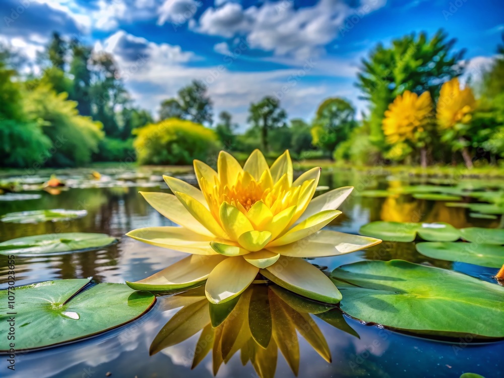 A Vibrant Yellow Water Lily in Full Bloom on a Calm Pond Surrounded by Lush Green Lily Pads and Morning Dew Droplets for a Serene Natural Setting A Vibrant Yellow Water Lily in Full Bloom on a Calm Pond Surrounded by Lush Green Lily Pads and Morning Dew Droplets for a Serene Natural Setting