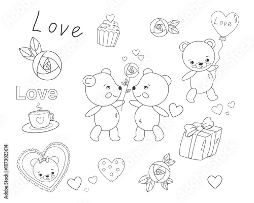 Coloring pages for kids, adults. Cute Teddy bears with balloons, animals, flowers, rose , love., Valentine day, coffee.Coloring page. Coloring book. For girls. Vector illustration isolated on white 