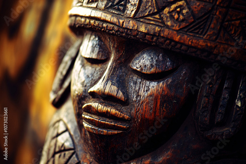 closeup of ancient dark wood carved statue face with ornate details