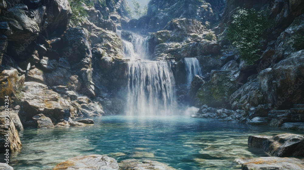 Naklejka premium A cascading waterfall flows into a serene pool of clear blue water, surrounded by rugged, rocky cliffs.
