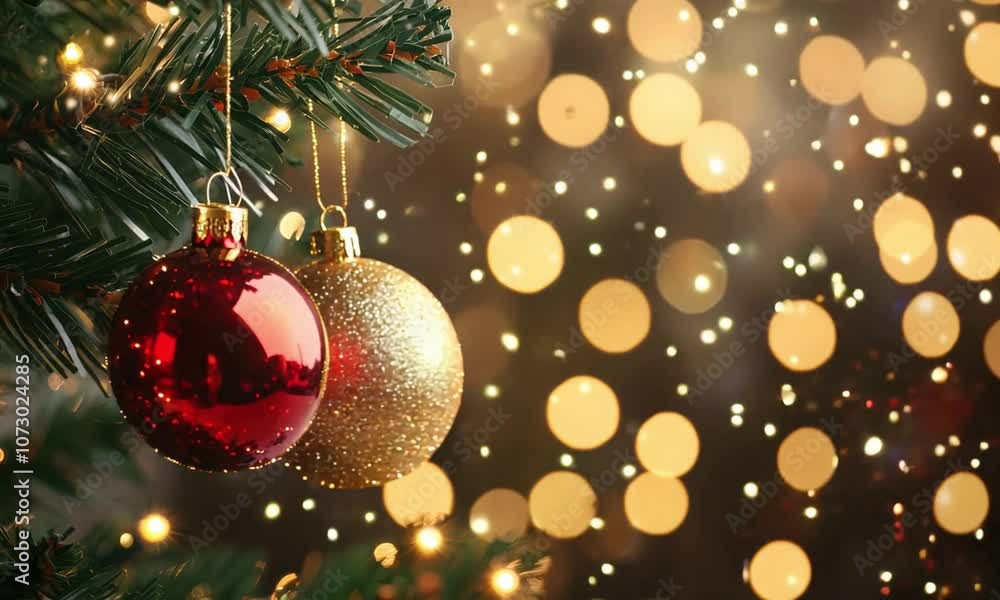 Festive Christmas Tree with Red and Gold Ornaments and Glowing Bokeh Lights in the Background Festive Christmas Tree with Red and Gold Ornaments and Glowing Bokeh Lights in the Background