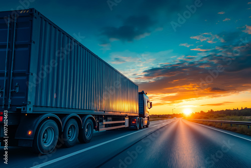 A semi truck driving down a highway at sunset