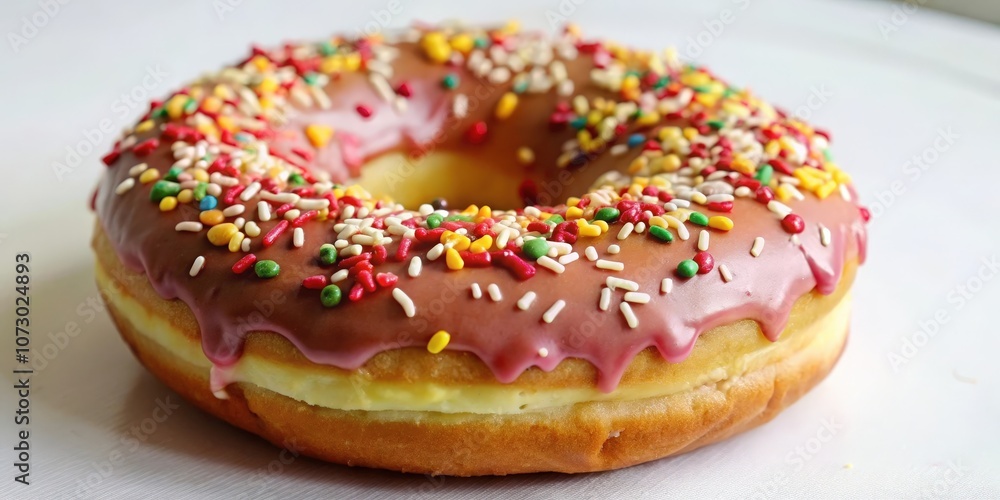 A single glazed donut topped with colorful sprinkles, with a light pink icing dripping down the sides, rests on a white surface. A single glazed donut topped with colorful sprinkles, with a light pink icing dripping down the sides, rests on a white surface.