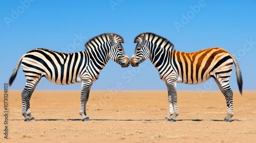 Two zebras standing in a desert, one is brown and white. The zebras are facing each other and appear to be in a playful mood