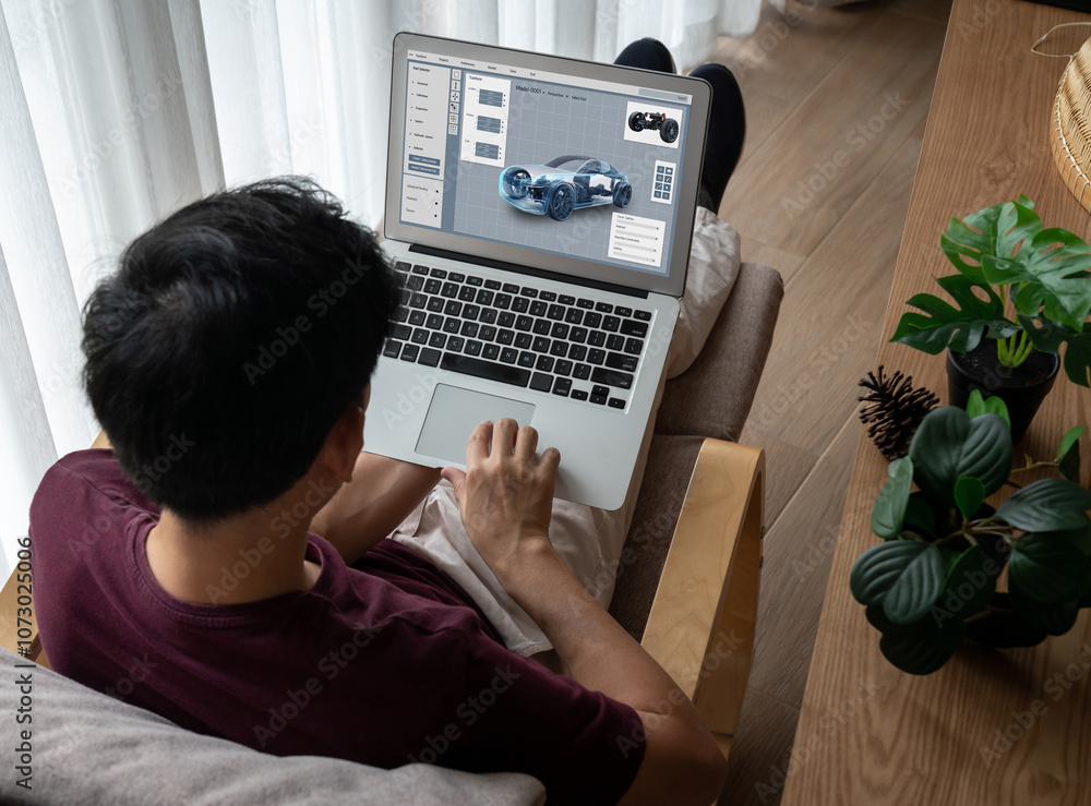 Obraz premium Electric car design software on computer screen showing simulation blueprint snugly by digital calculating application for manufacturing preparation