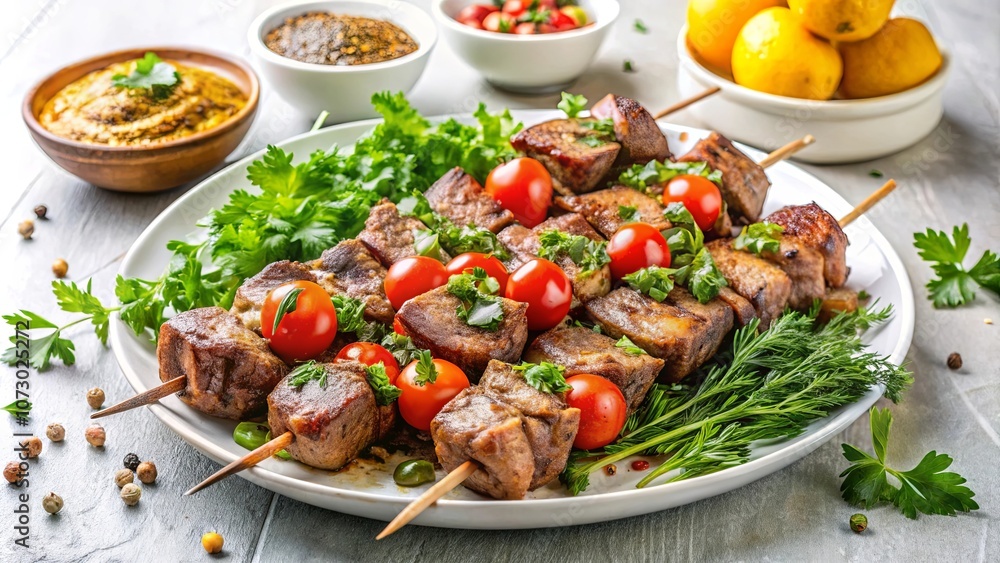 Grilled Meat Skewers with Cherry Tomatoes and Fresh Herbs on a White Plate Grilled Meat Skewers with Cherry Tomatoes and Fresh Herbs on a White Plate