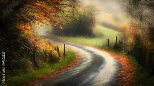 A winding country road through a misty forest with autumn leaves on the ground.