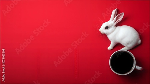 White Rabbit with Coffee on Red Background - Minimalistic and Vibrant Stock Photo