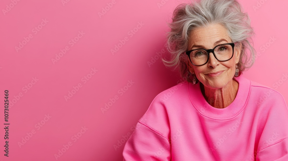 Woman in a pink sweater is smiling and wearing glasses. She is looking at the camera. Concept of warmth and happiness, as the woman is enjoying herself Woman in a pink sweater is smiling and wearing glasses. She is looking at the camera. Concept of warmth and happiness, as the woman is enjoying herself