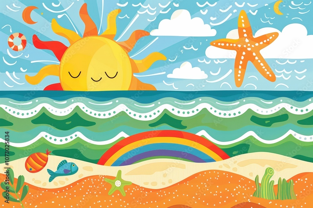 A cartoon drawing of a beach scene with a rainbow and a sun A cartoon drawing of a beach scene with a rainbow and a sun