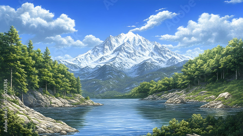 A serene mountain lake scene with a snow-capped peak, lush green trees, and blue sky with puffy clouds.